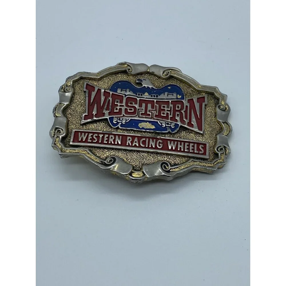 Western Racing Wheels Belt Buckle Vintage 1970's Brass 3.5x2.75 - Picture 6 of 8